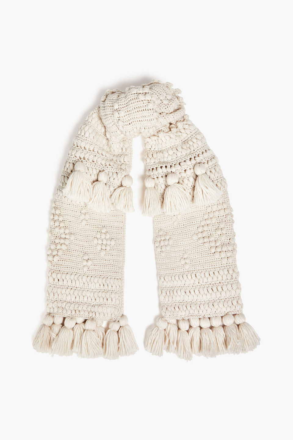 Zimmermann Tasseled Crochet-knit Wool Scarf In Ivory