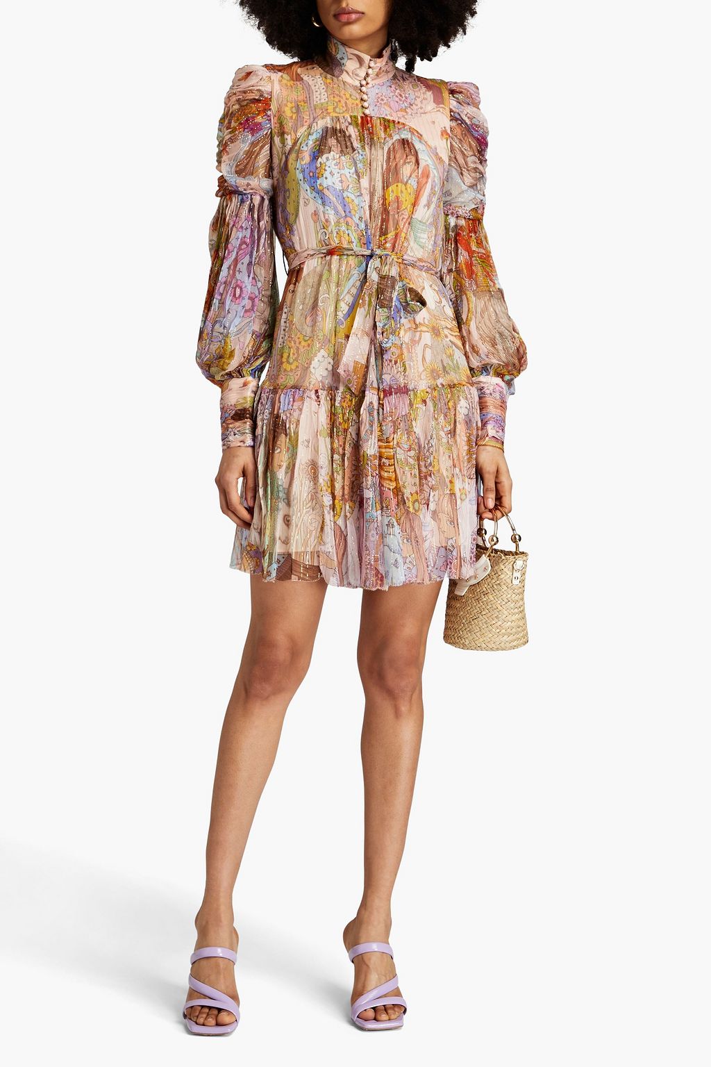 ZIMMERMANN Verziertes Minikleid aus Seidenkrepon mit Print in Metallic-Optik