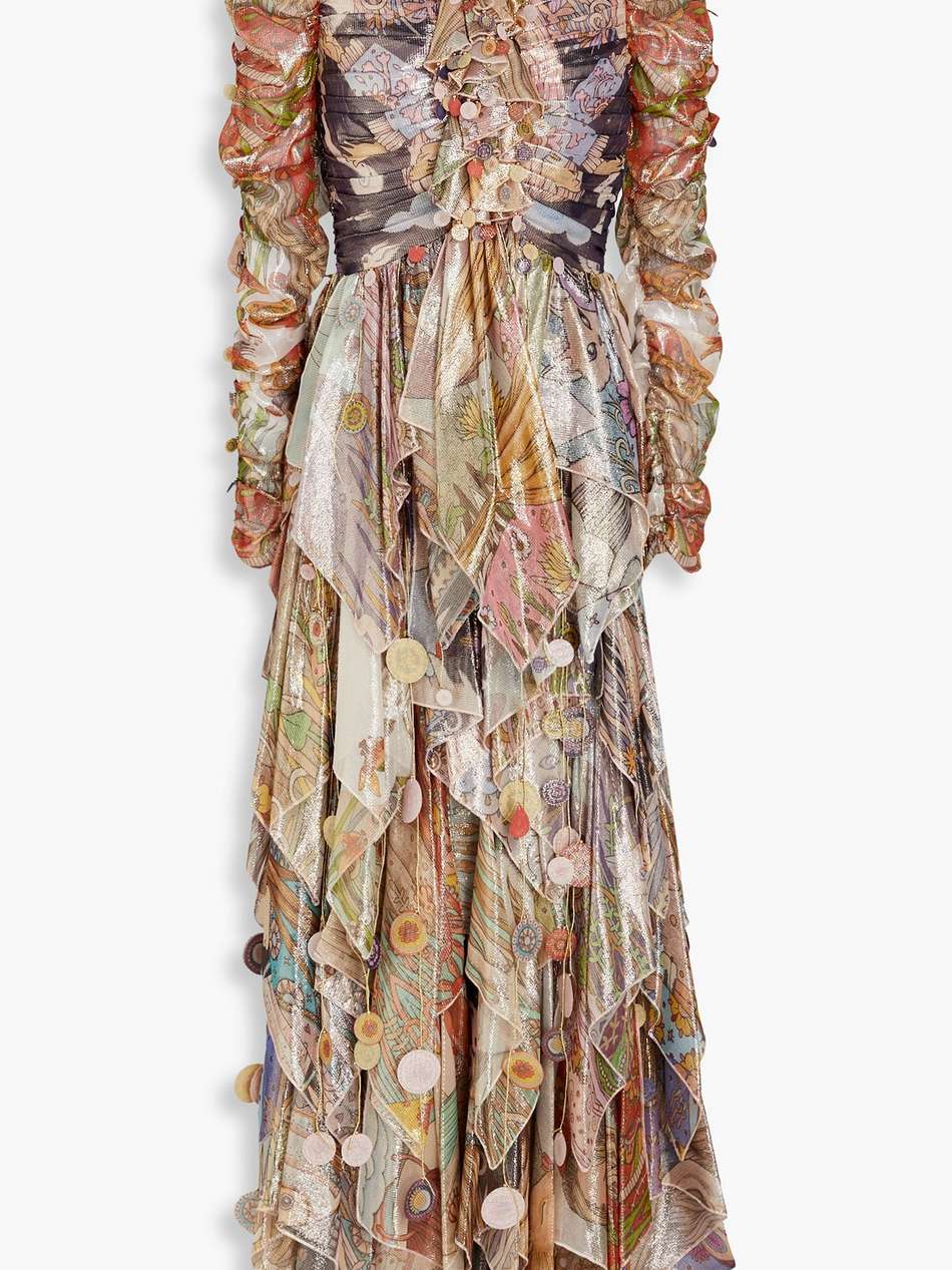 ruffled printed lamé maxi dress