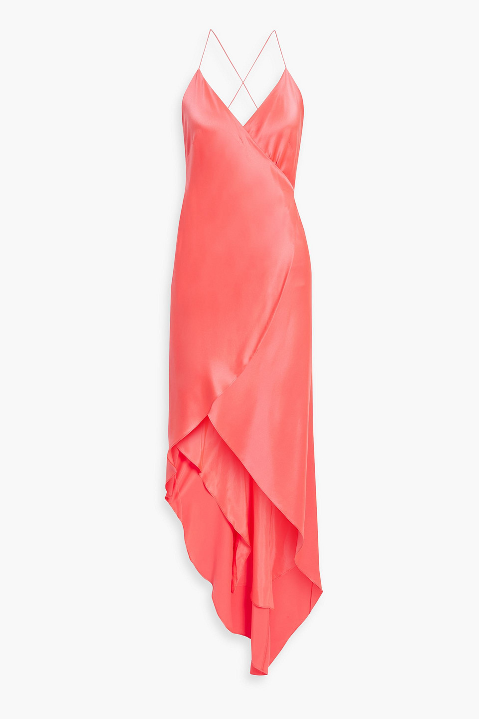 Michelle Mason Asymmetric Silk-satin Maxi Wrap Dress In Coral