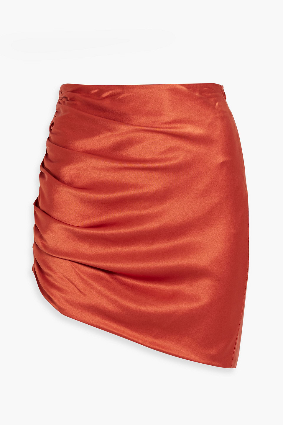 Asymmetric ruched silk-satin mini skirt