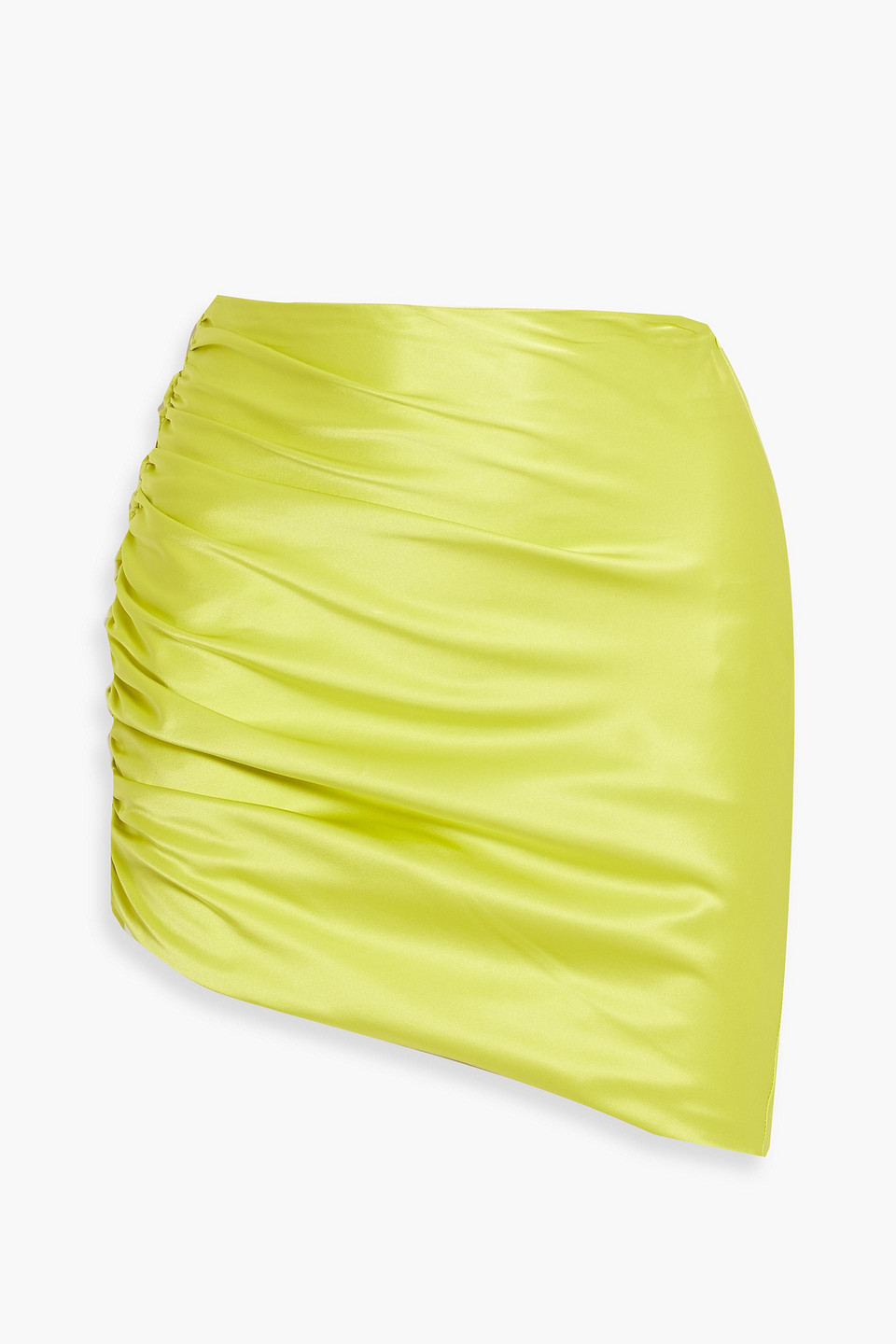 Asymmetric ruched silk-satin mini skirt