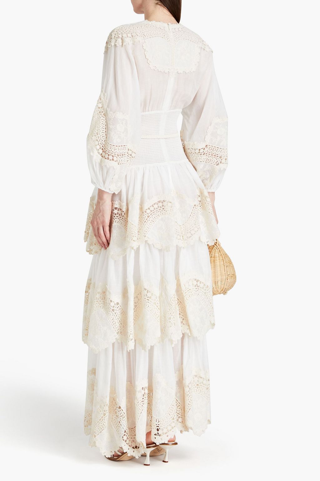 ZIMMERMANN Crocheted lace-trimmed tiered ramie-gauze maxi dress