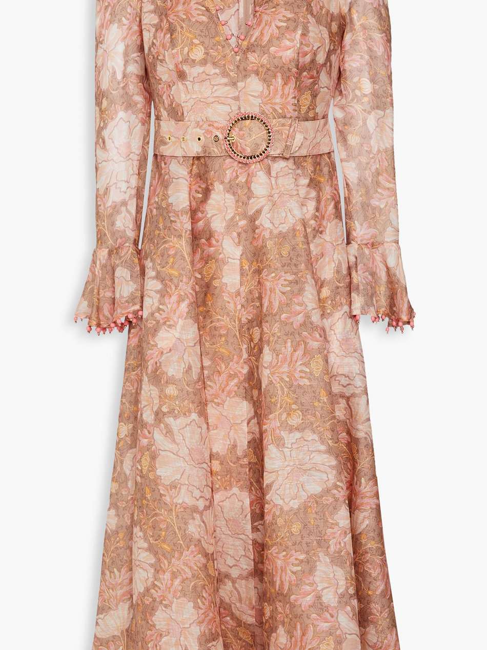 bead-embellished floral-print linen and silk-blend midi dress