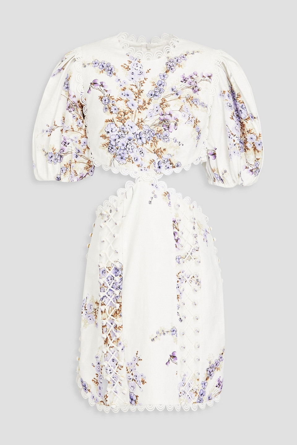 Zimmermann Crochet-trimmed Cutout Floral-print Linen Mini Dress In White