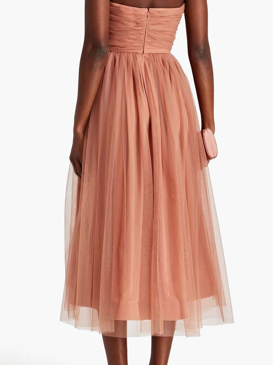strapless gathered tulle midi dress
