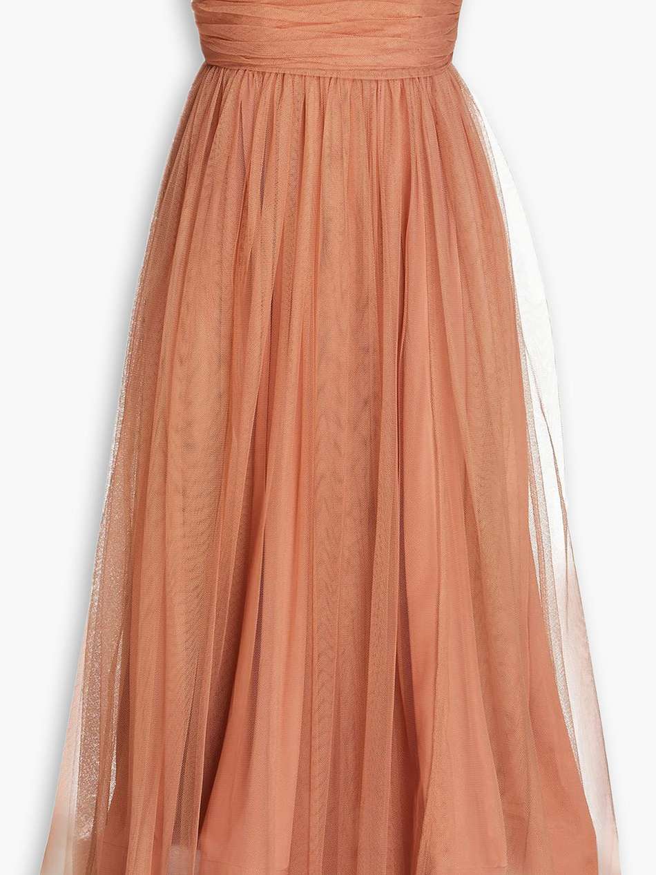 strapless gathered tulle midi dress