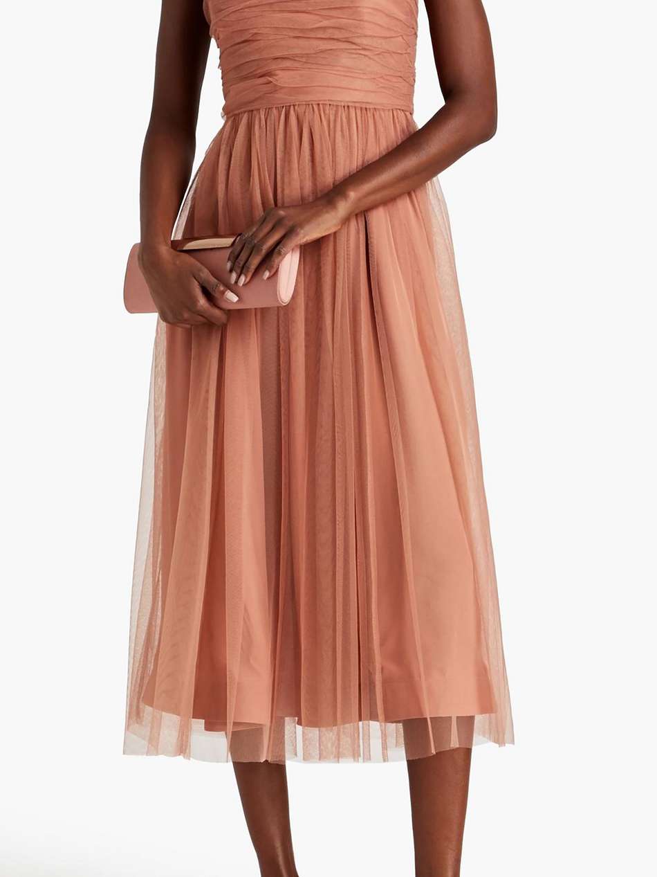 strapless gathered tulle midi dress