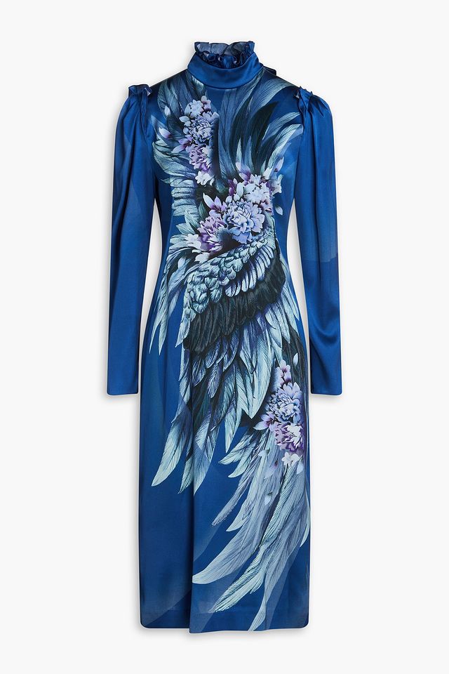 Ruffle-trimmed printed stretch-silk satin midi dress
