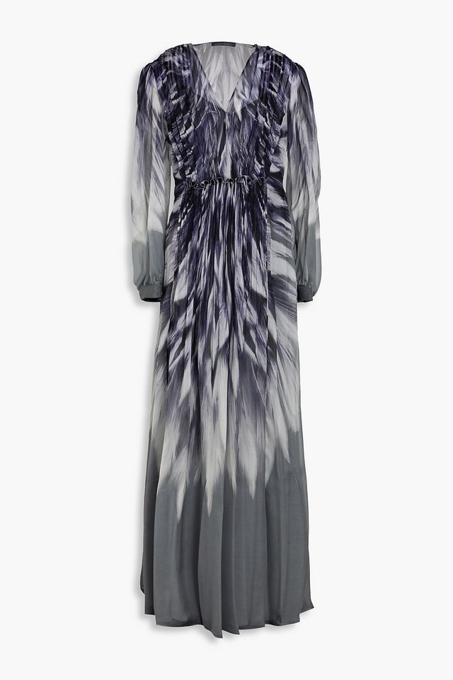 Ruffle-trimmed plissé silk-voile maxi dress