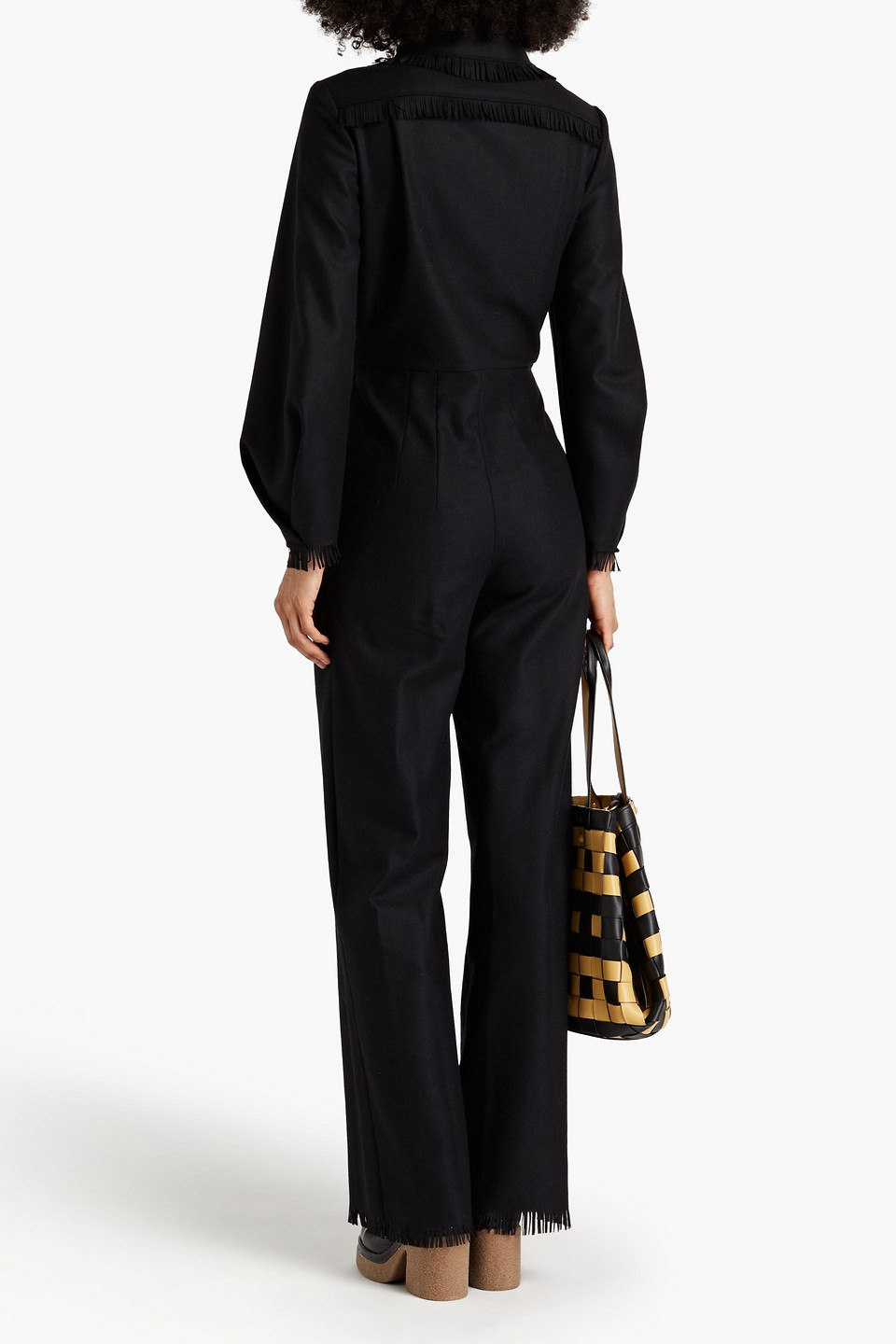 Shop Alberta Ferretti Fringed Knotted Wool-blend Felt Jumpsuit In Black