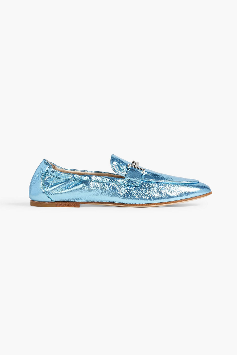 Tod's Double T Metallic Textured-leather Loafers In Sky Blue