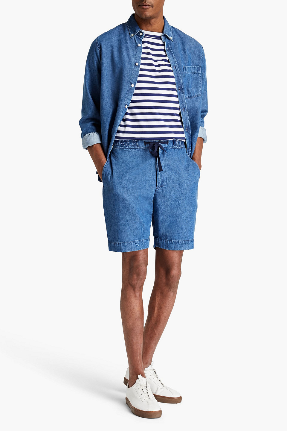 Shop Officine Generale Phil Denim Drawstring Shorts In Mid Denim