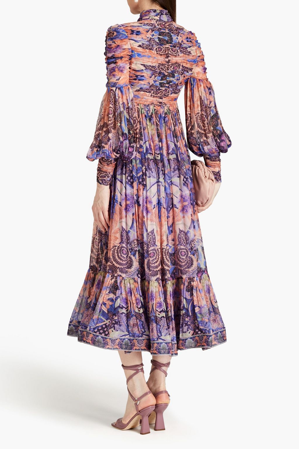 ZIMMERMANN Ruched pussy-bow printed georgette midi dress