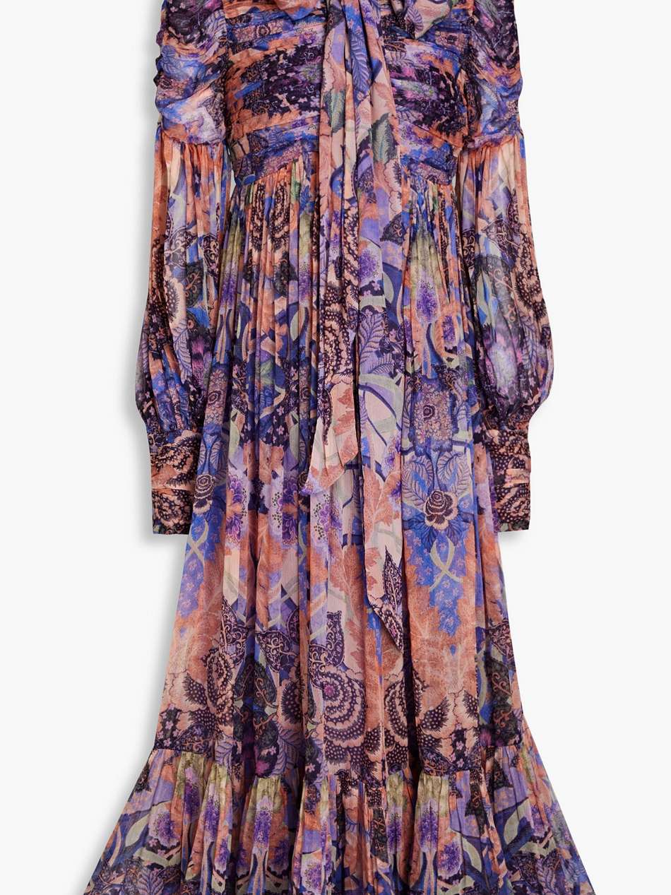 ruched pussy-bow printed georgette midi dress