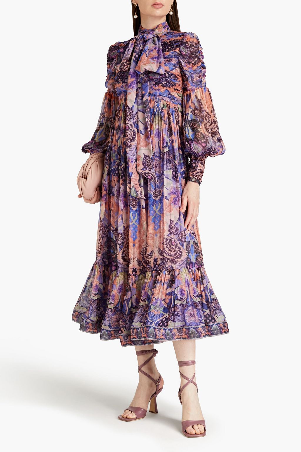 ZIMMERMANN Ruched pussy-bow printed georgette midi dress