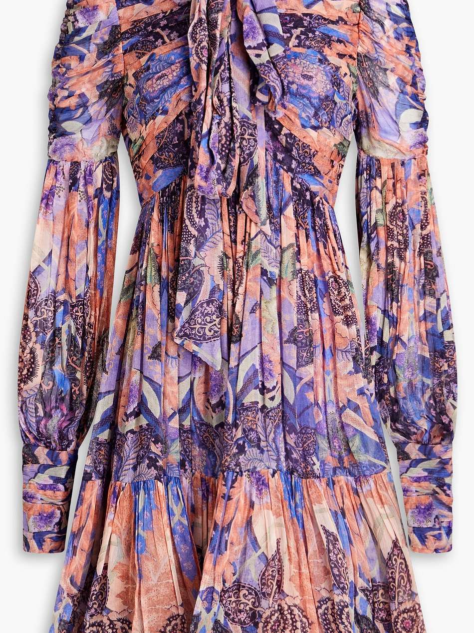 pussy-bow ruched printed georgette mini dress