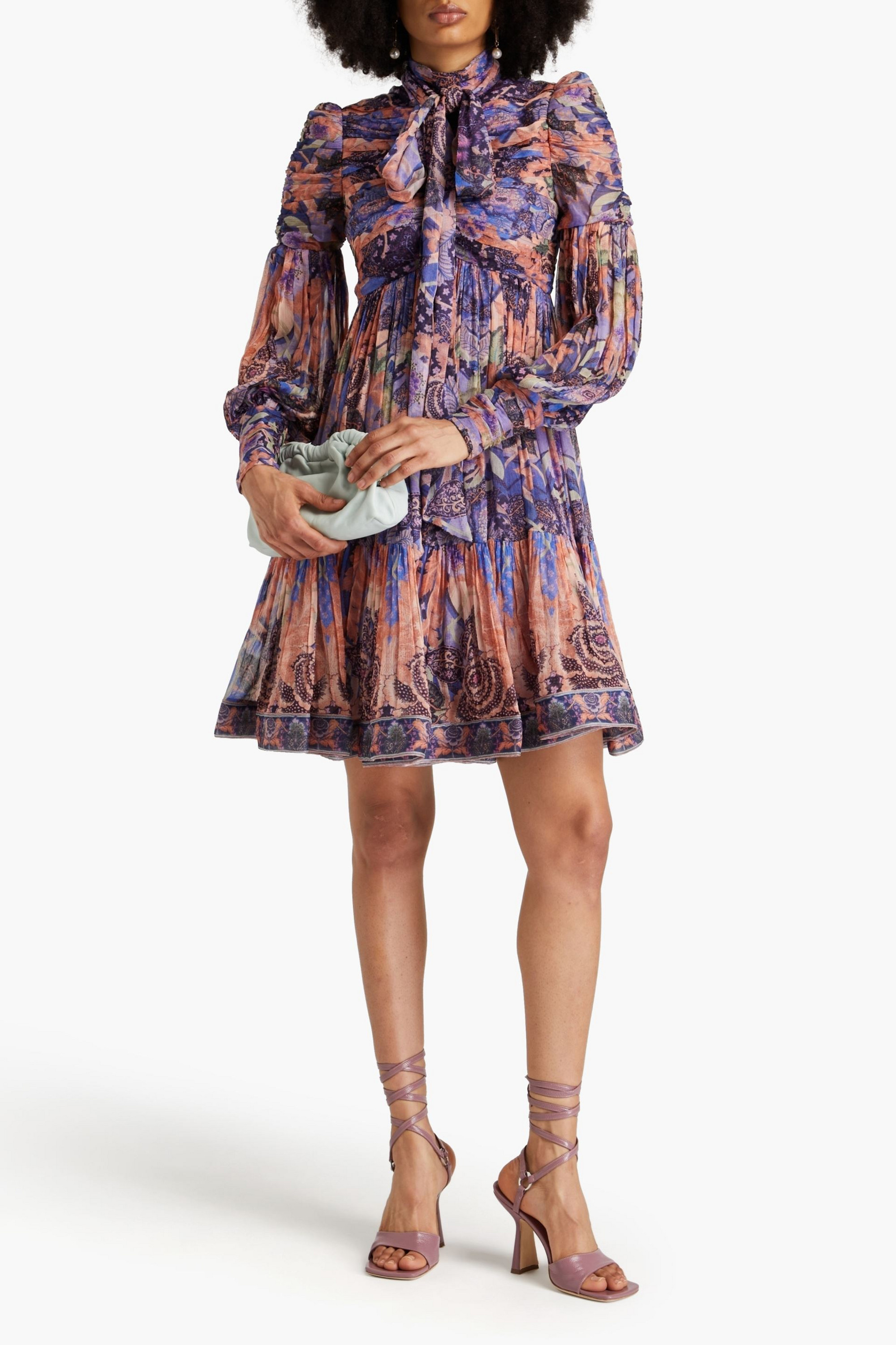 Zimmermann Pussy-bow ruched printed georgette mini dress