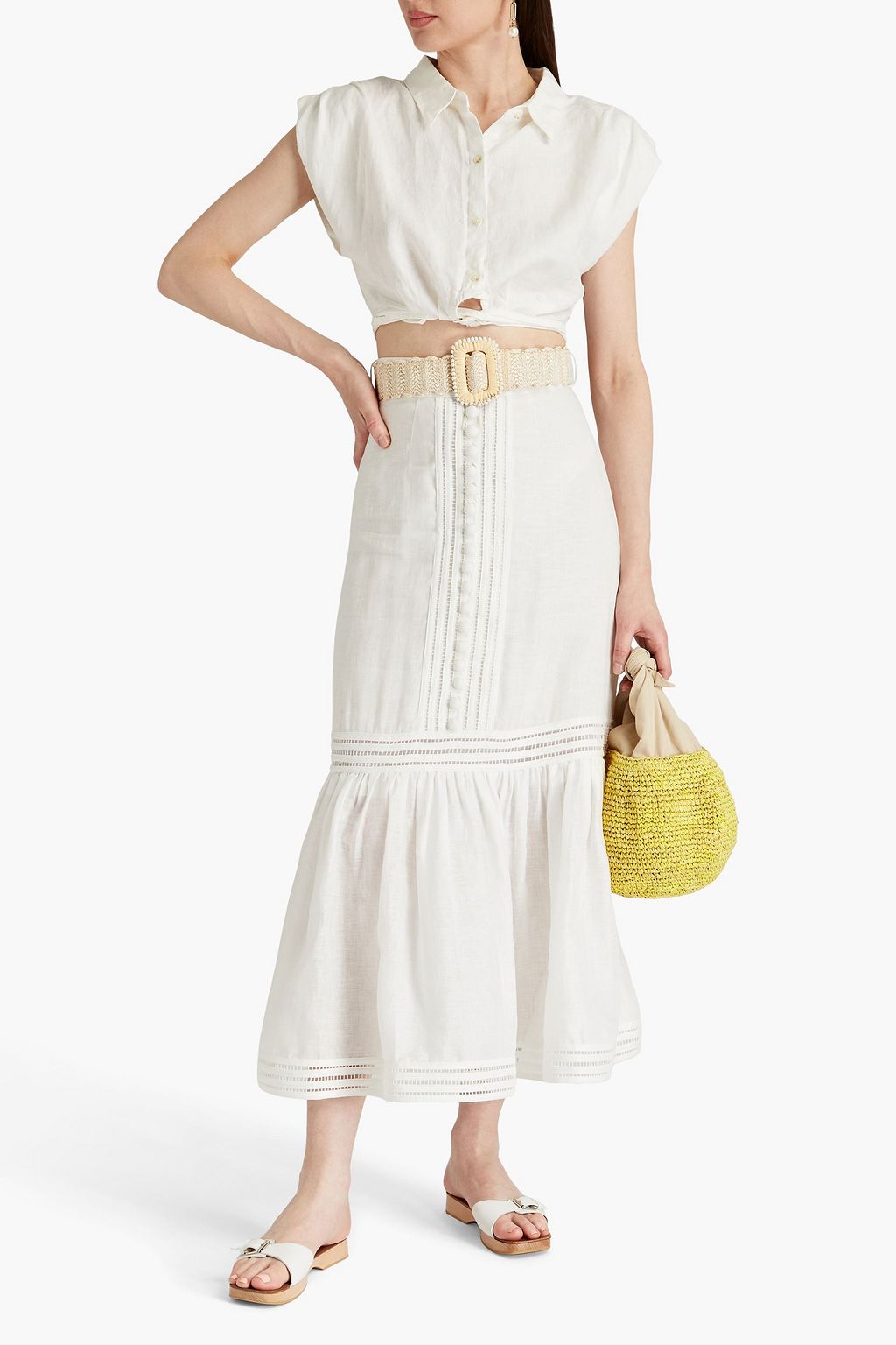 ZIMMERMANN Belted lattice-trimmed linen midi skirt