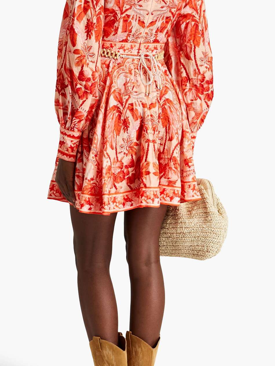 belted printed linen mini dress