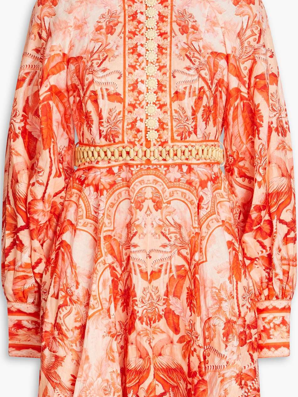 belted printed linen mini dress