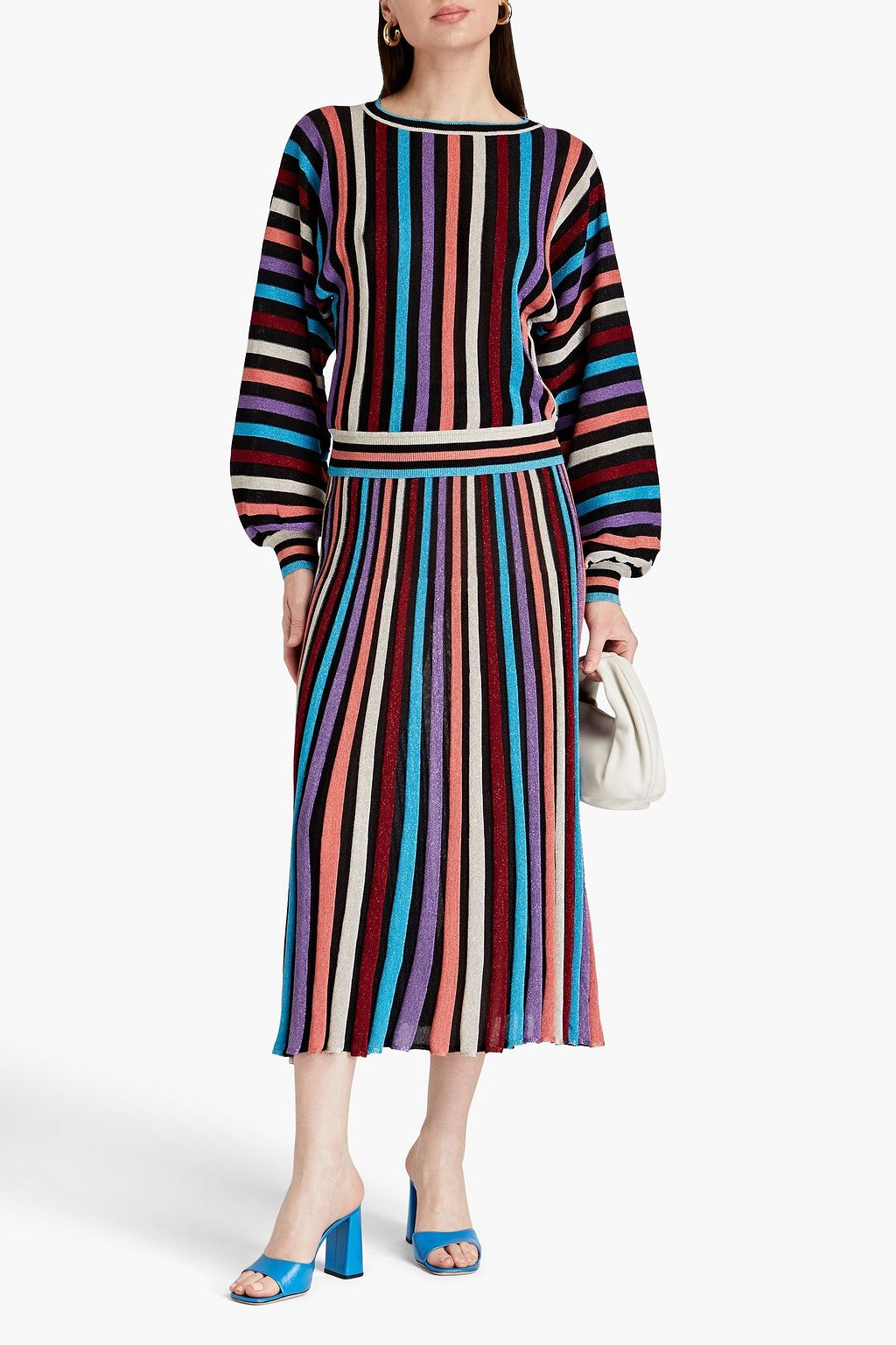 BOUTIQUE MOSCHINO 메탈릭 스트라이프 리브 니트 미디 스커트
