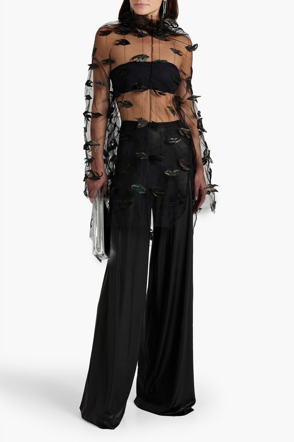 RICK OWENS Feather-embellished tulle turtleneck top