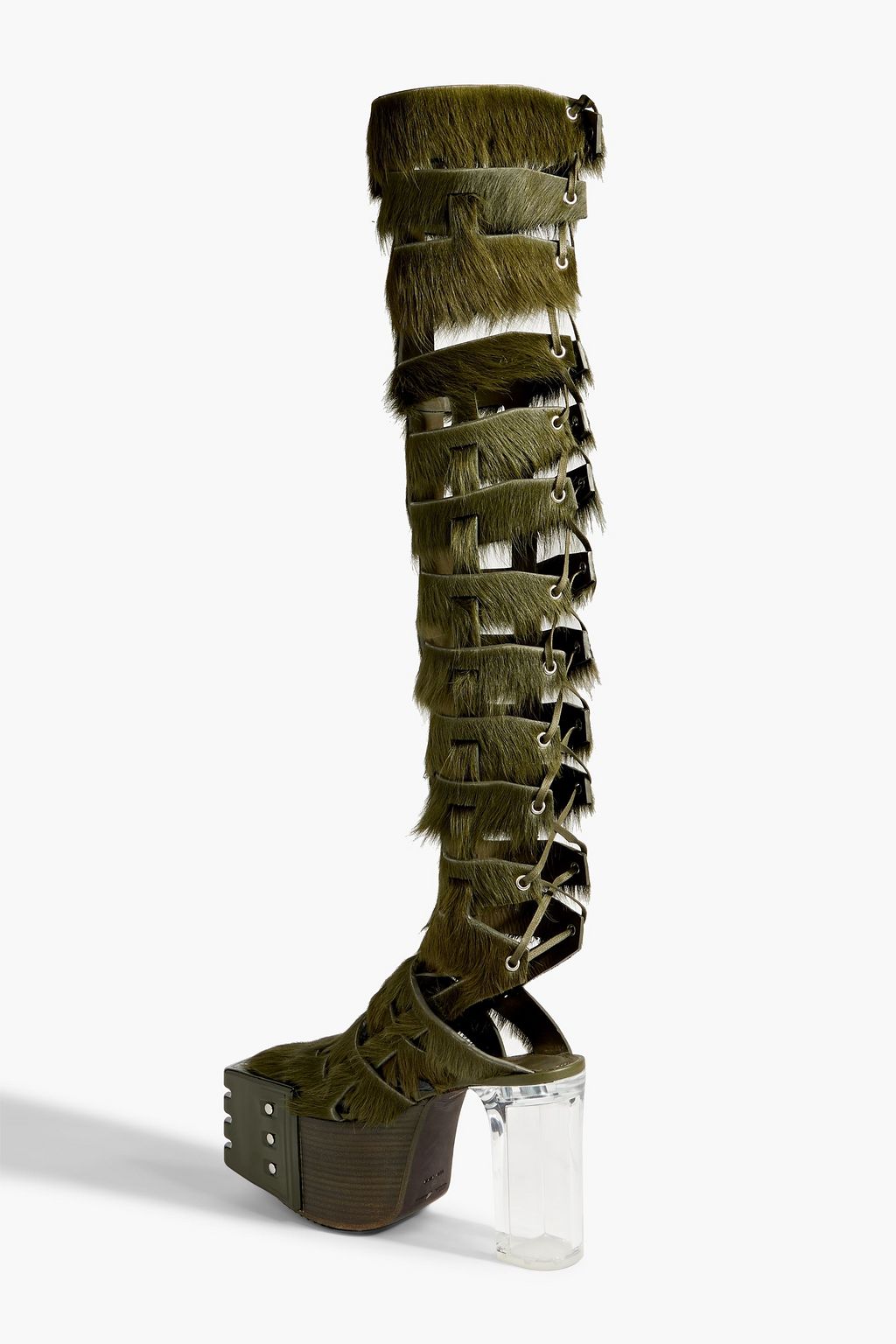 RICK OWENS Kiss lace-up calf hair platform thigh boots