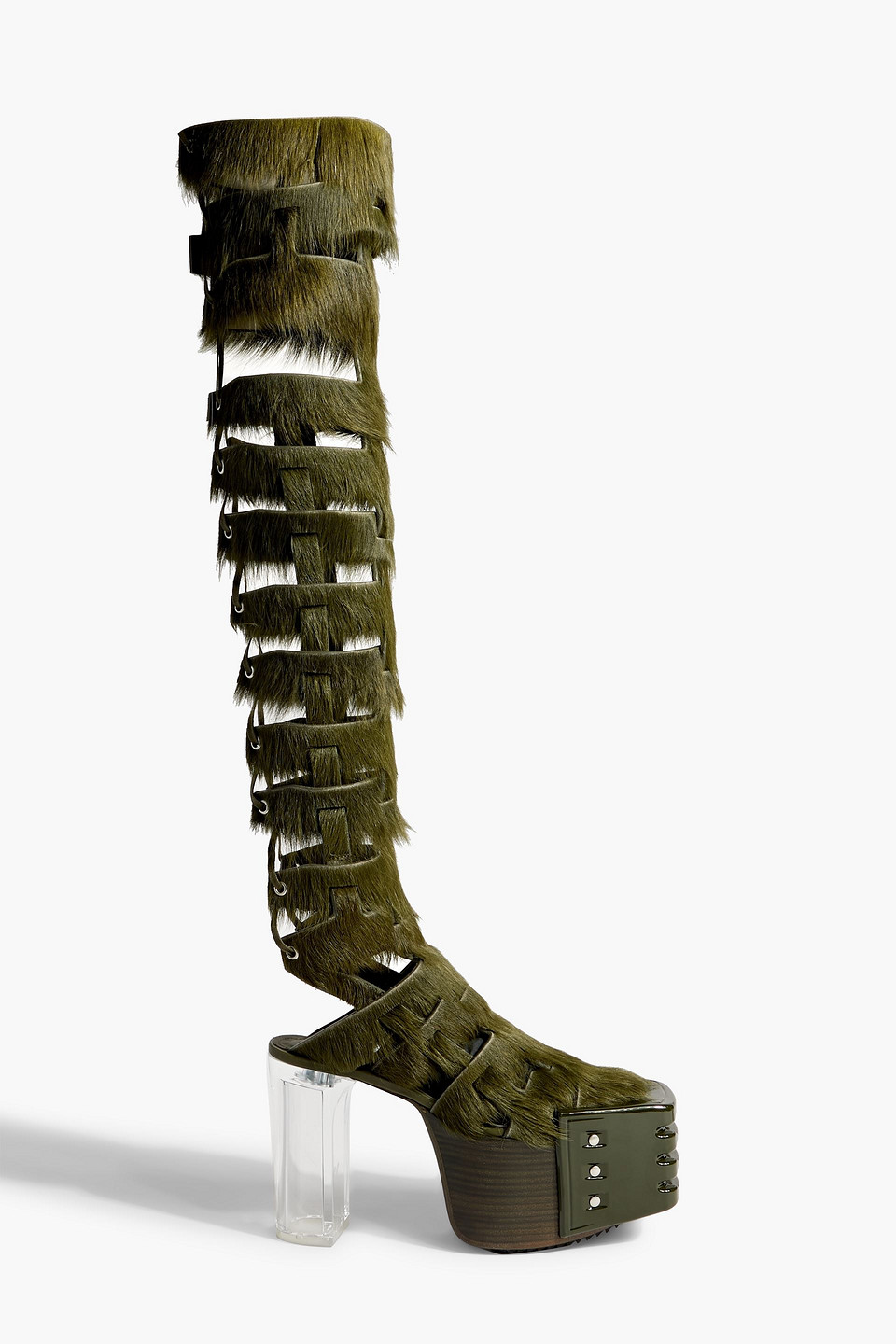 Rick Owens Kiss Lace-up Calf Hair Platform Thigh Boots In Leaf Green