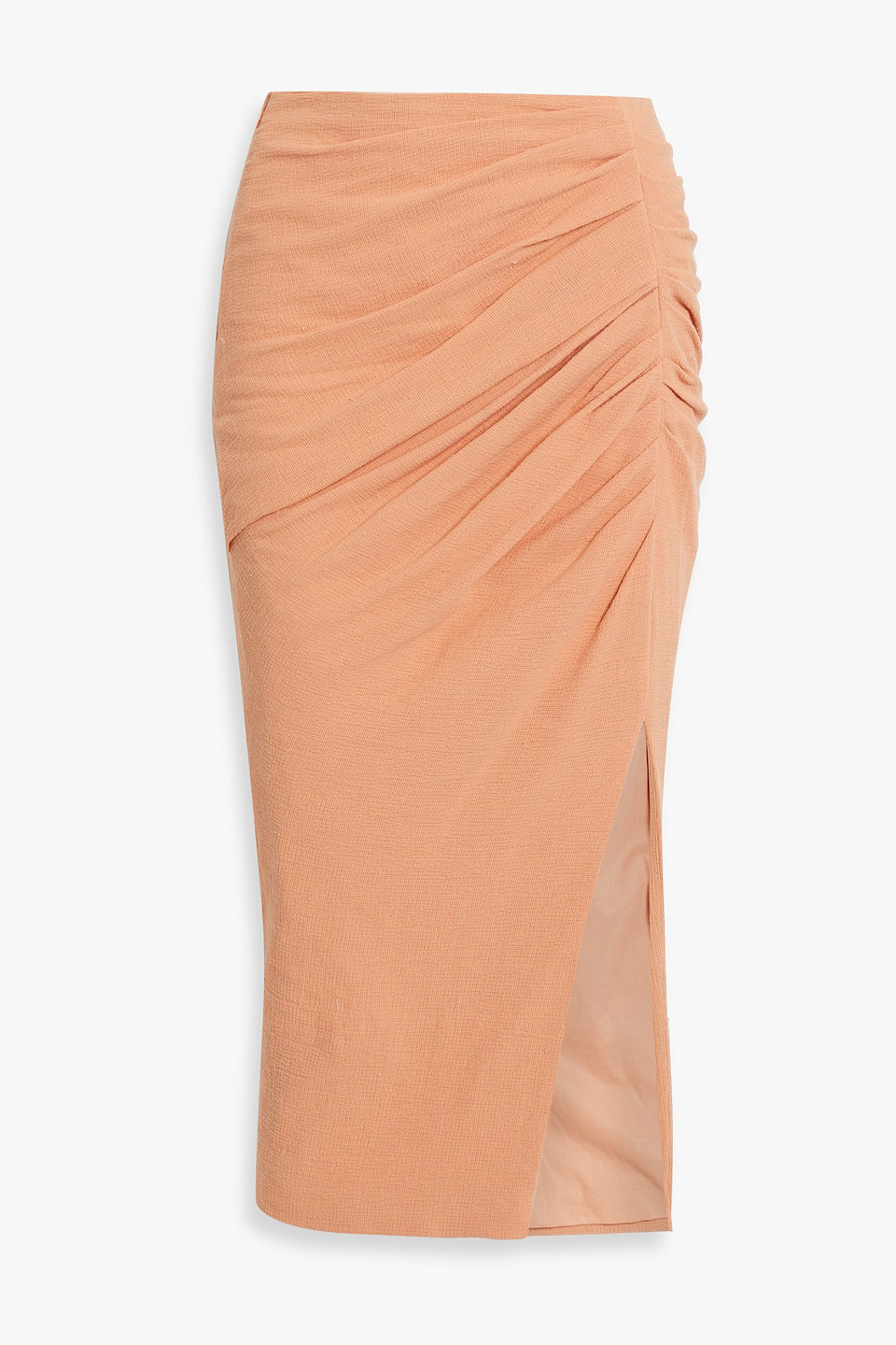 Simkhai Marguerite Washed Charmeuse Ruched Midi Skirt In Brown