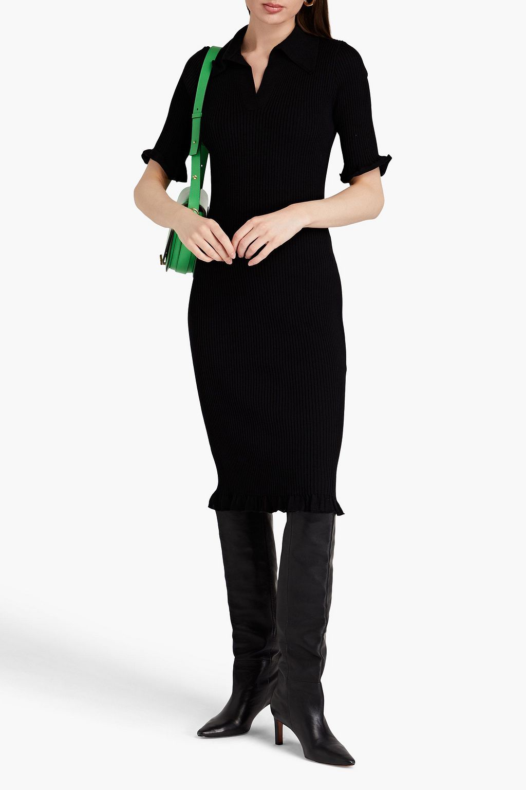 BOUTIQUE MOSCHINO 러플 장식 리브 울 미디 드레스