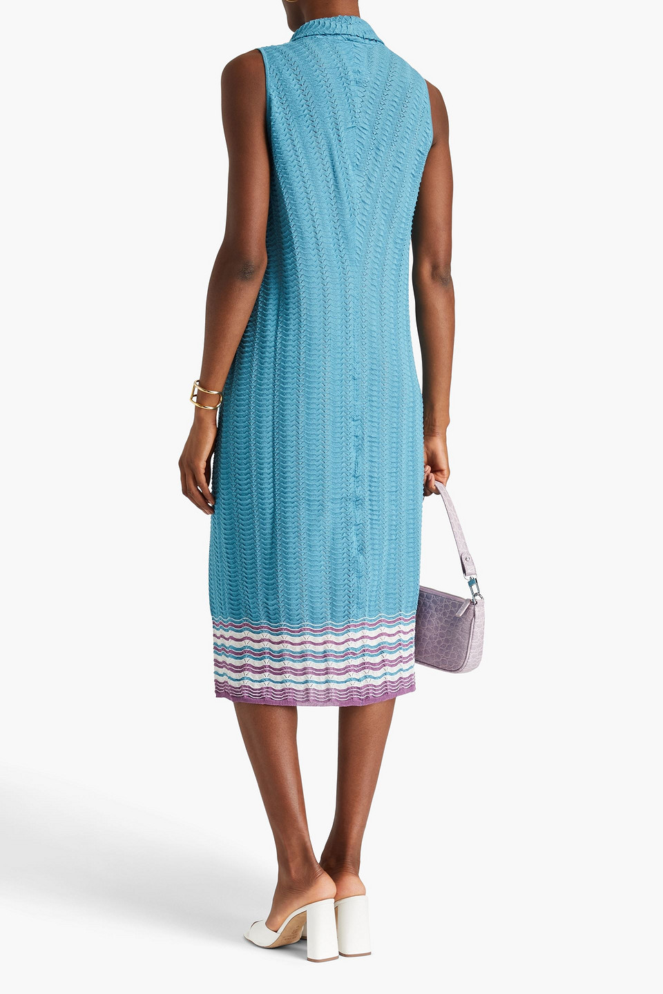 Shop Boutique Moschino Gathered Crochet-knit Midi Dress In Turquoise