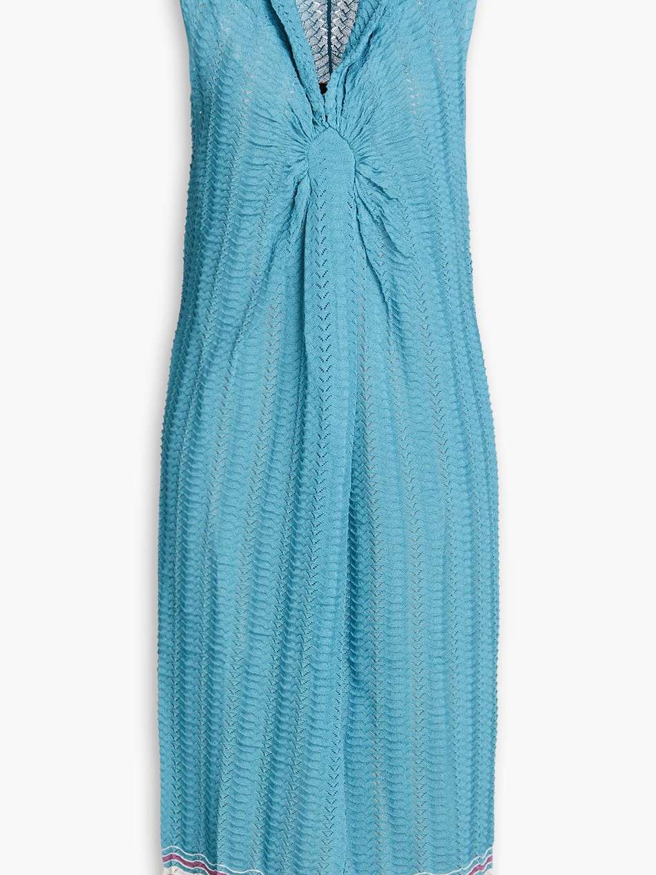 gathered crochet-knit midi dress