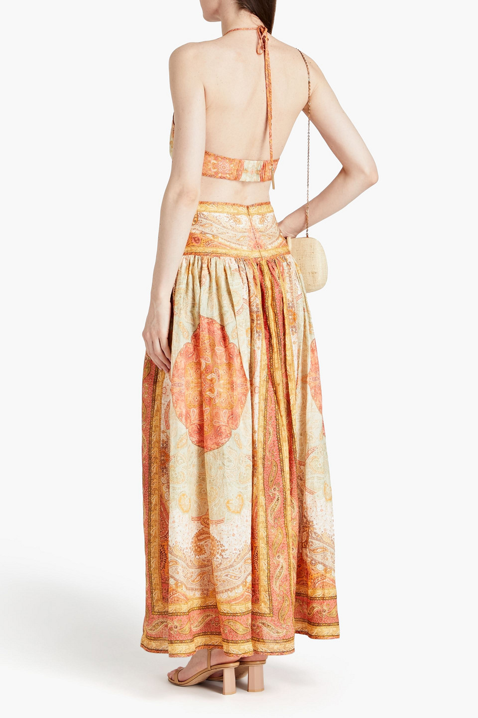 Shop Zimmermann Cutout Paisley-print Linen Halterneck Maxi Dress In Papaya