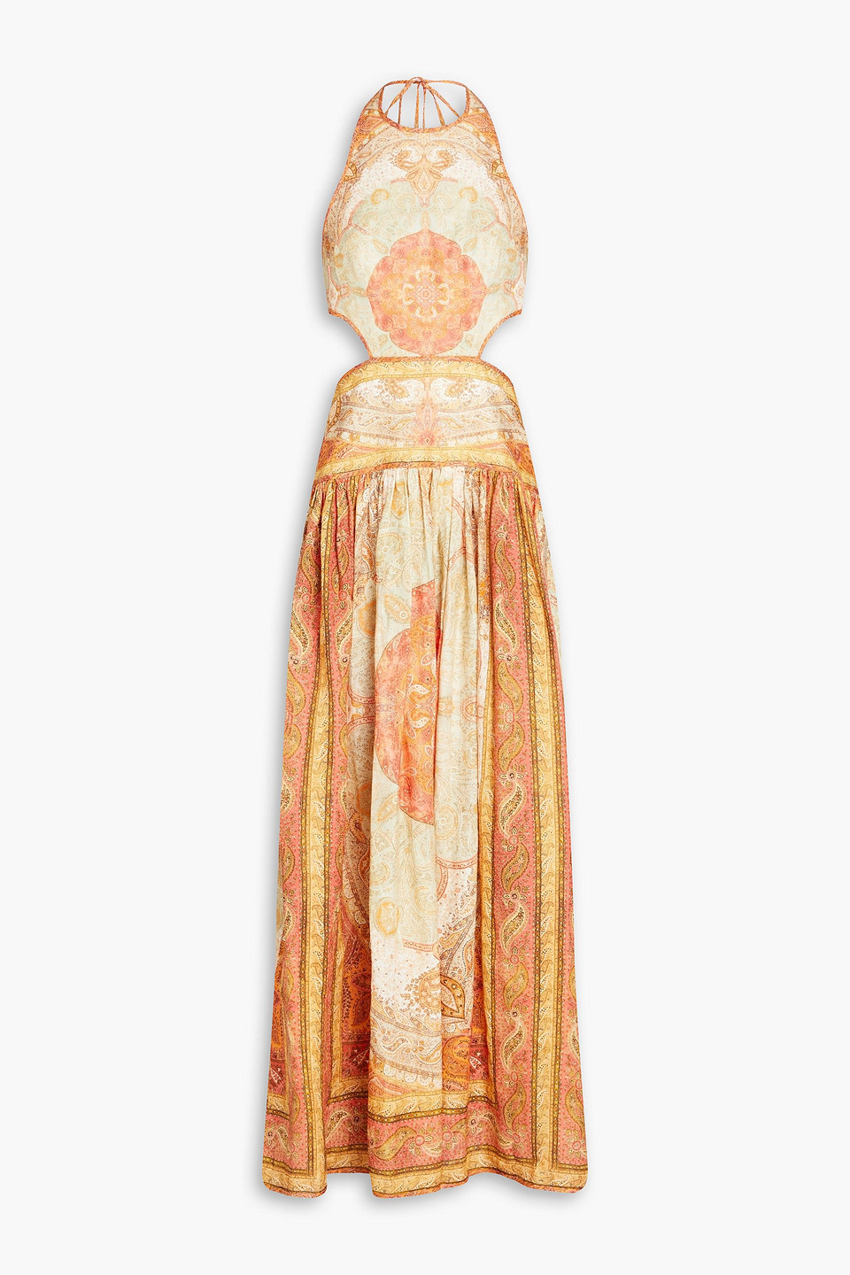 Shop Zimmermann Cutout Paisley-print Linen Halterneck Maxi Dress In Papaya