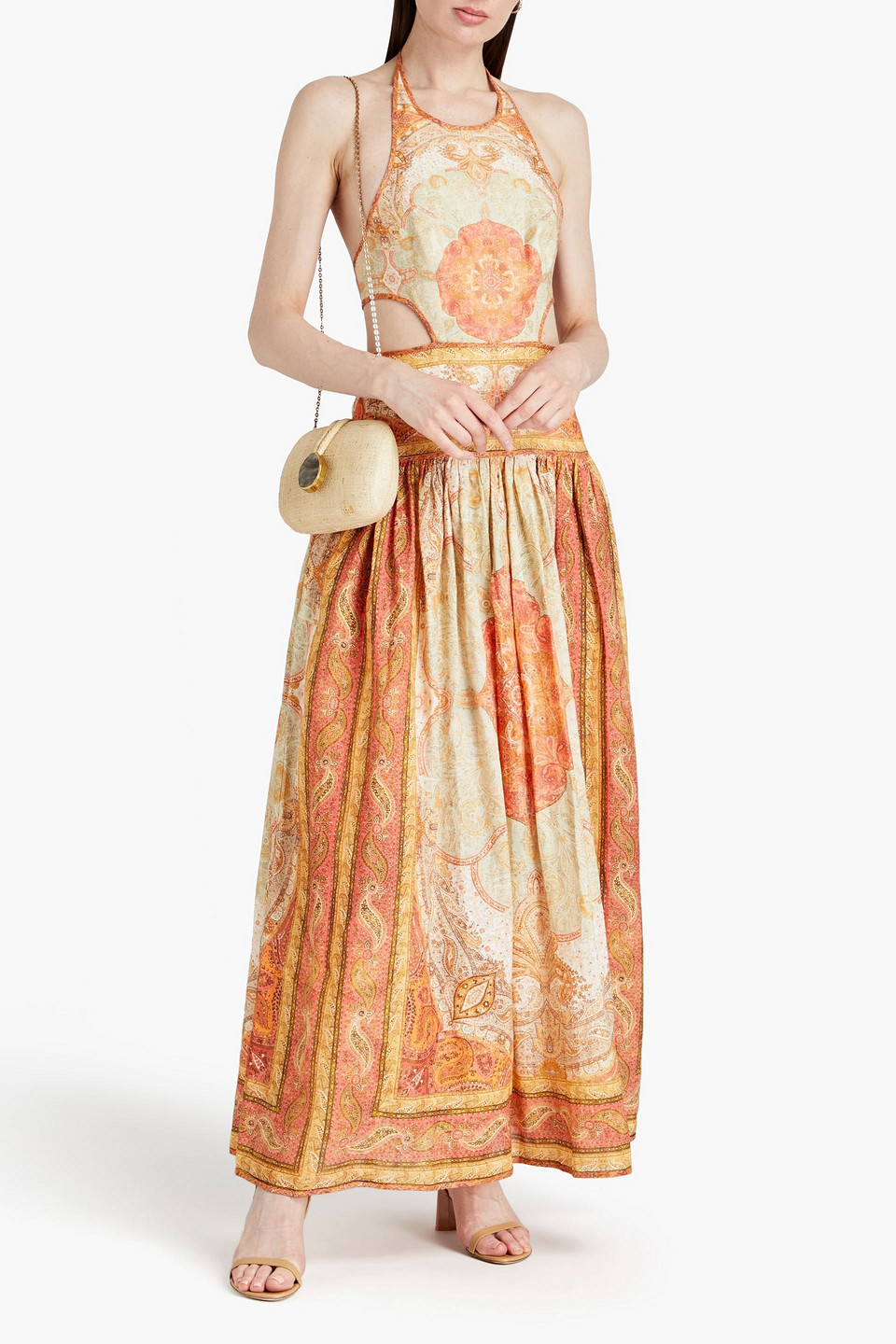 Shop Zimmermann Cutout Paisley-print Linen Halterneck Maxi Dress In Papaya