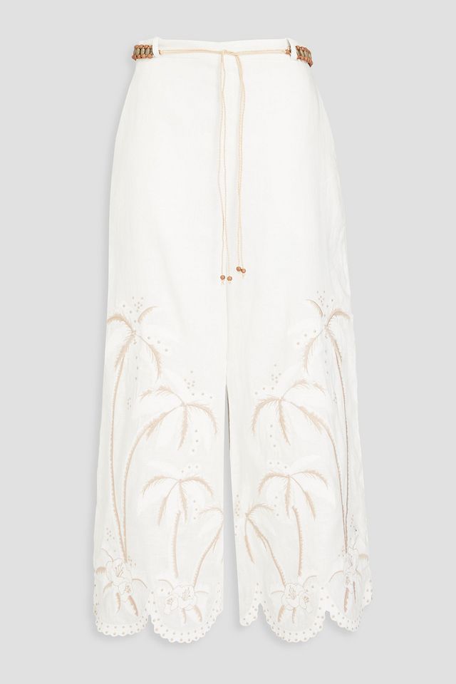 Cropped embroidered linen wide-leg pants