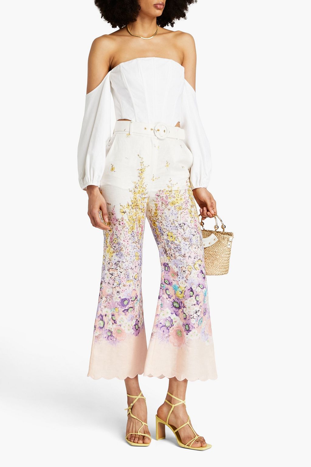 ZIMMERMANN Cropped floral-print linen flared pants
