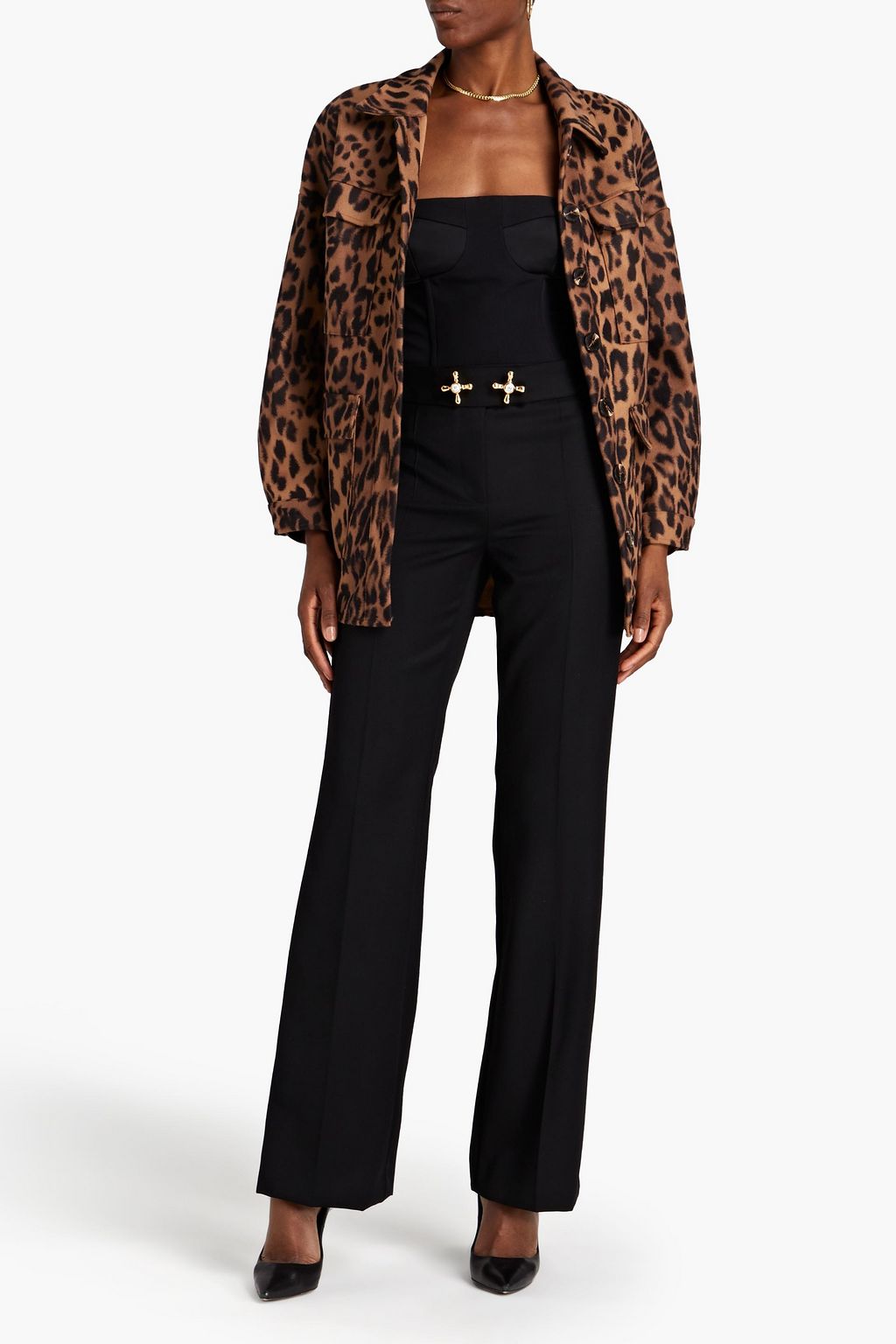 MOSCHINO Embellished wool-twill flared pants