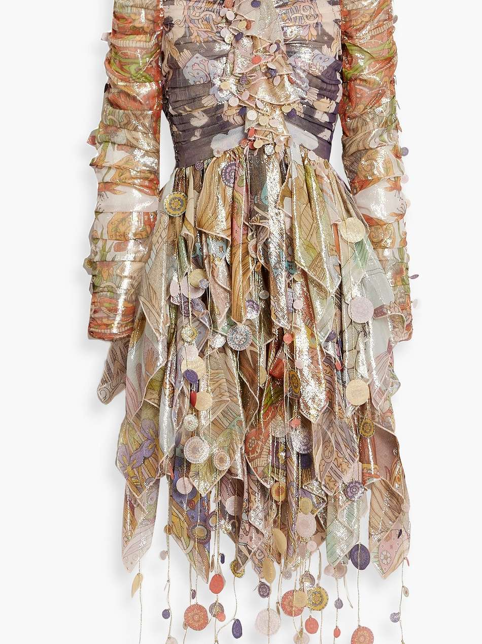 embellished metallic printed chiffon dress