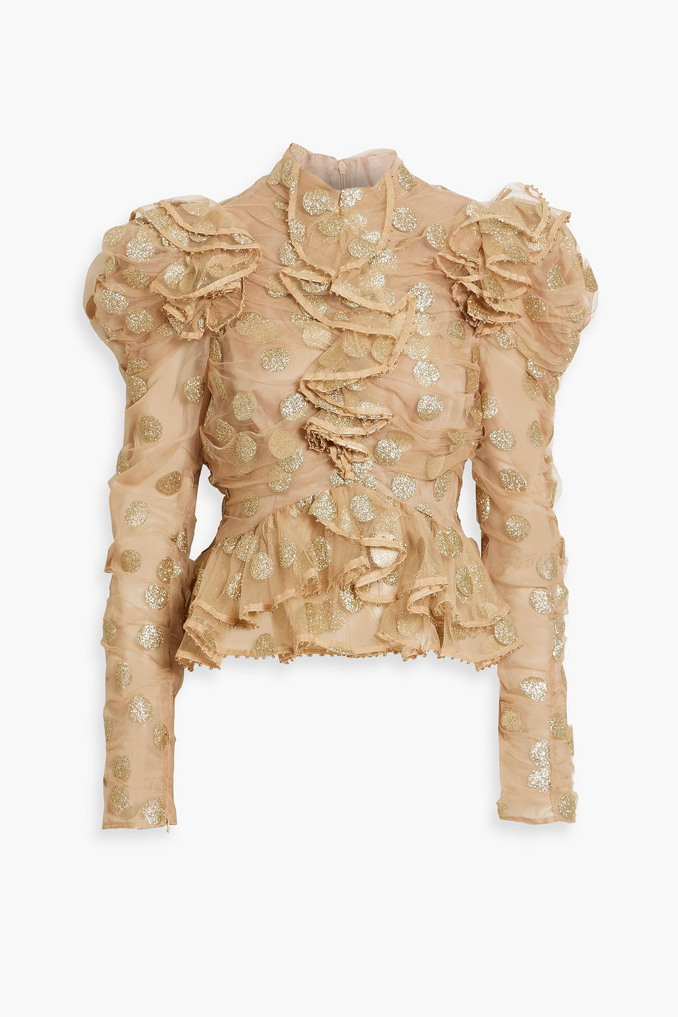 Zimmermann Ruffled Glittered Polka-dot Tulle Blouse In Beige