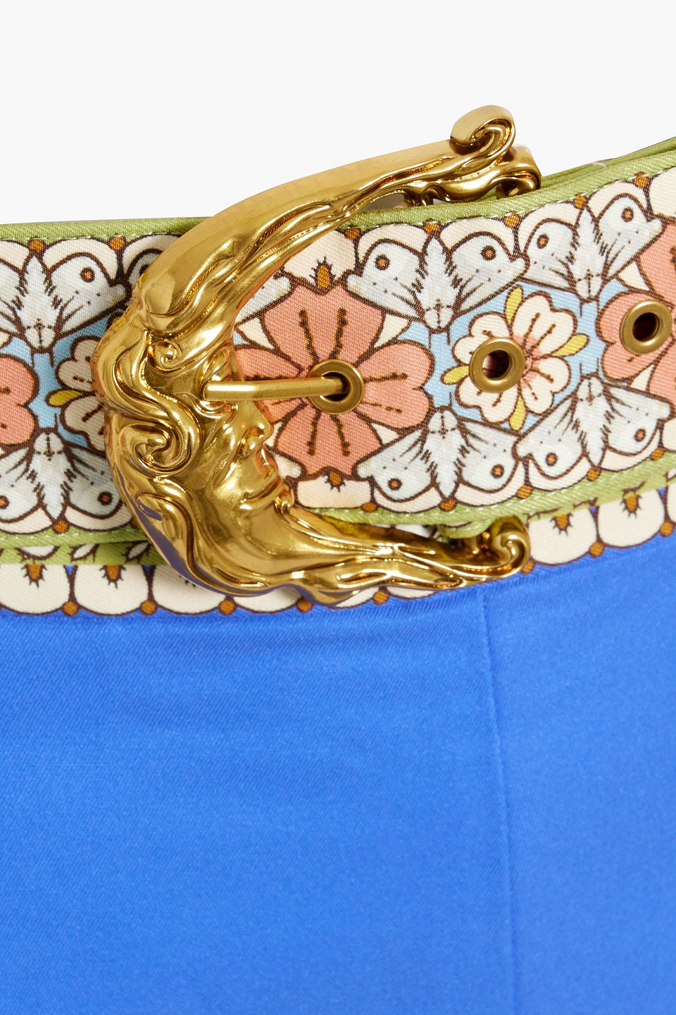Zimmermann Belted Printed Cotton And Silk-blend Twill Tapered Pants In Bright Blue