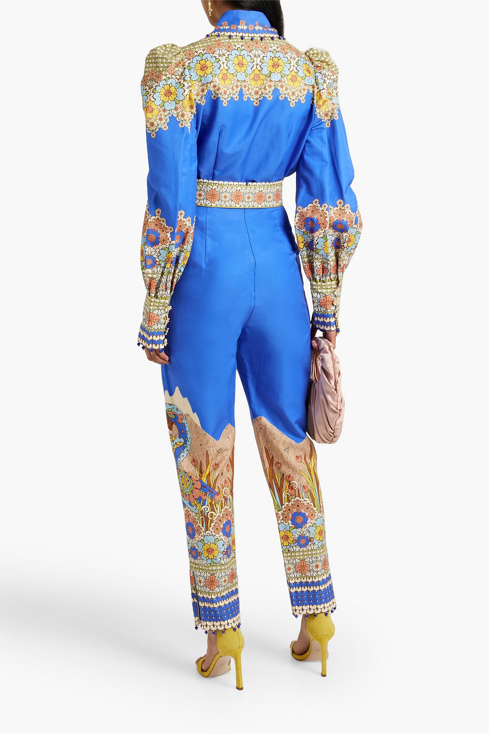 Zimmermann Belted Printed Cotton And Silk-blend Twill Tapered Pants In Bright Blue
