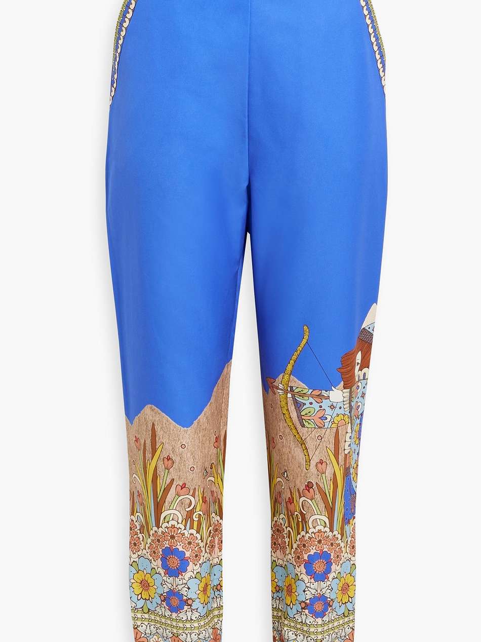 belted printed cotton and silk-blend twill tapered pants