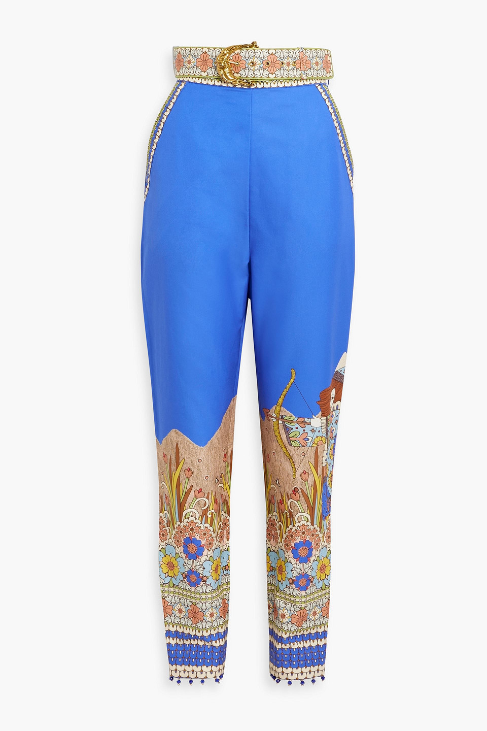 Zimmermann Belted Printed Cotton And Silk-blend Twill Tapered Trousers In Bright Blue