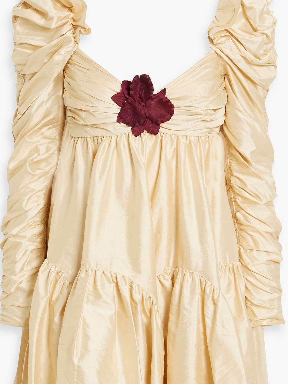 floral-appliquéd ruched silk-shantung mini dress