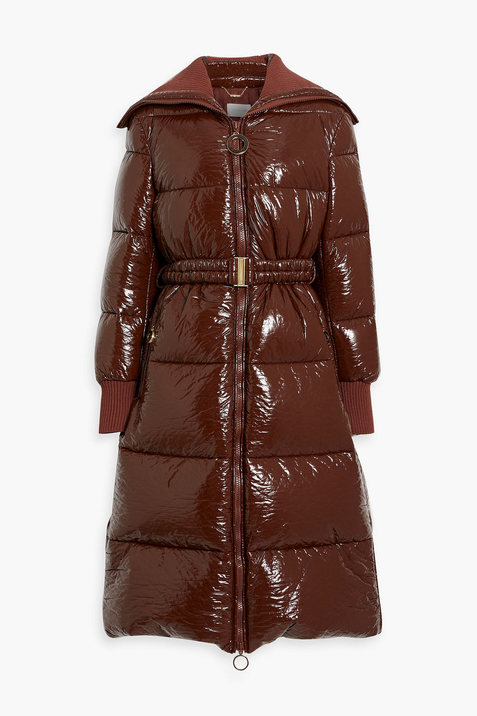 Zimmermann Belted Quilted Vinyl Down Coat In Brown