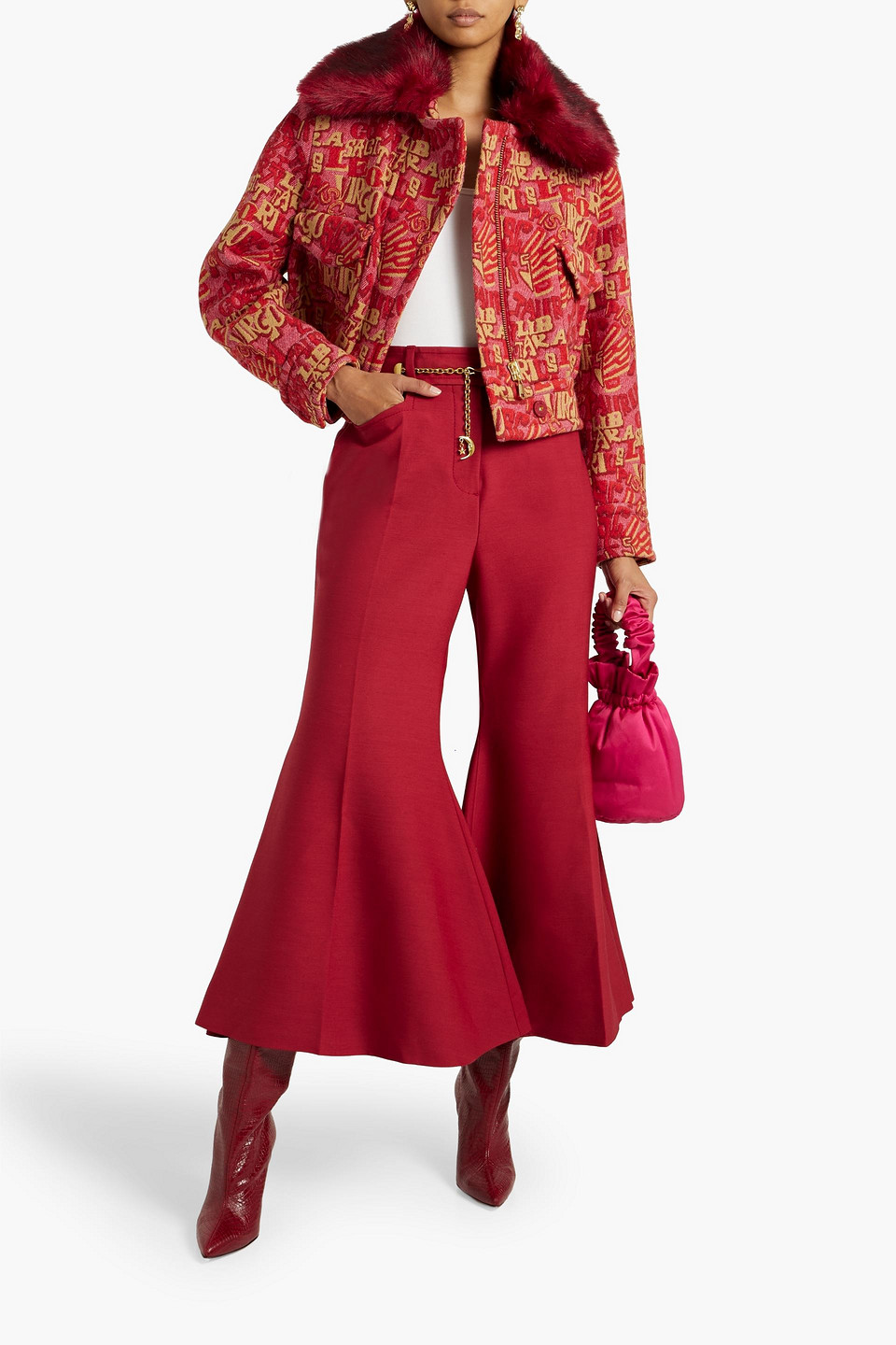 Shop Zimmermann Cropped Wool-blend Flared Pants In Crimson