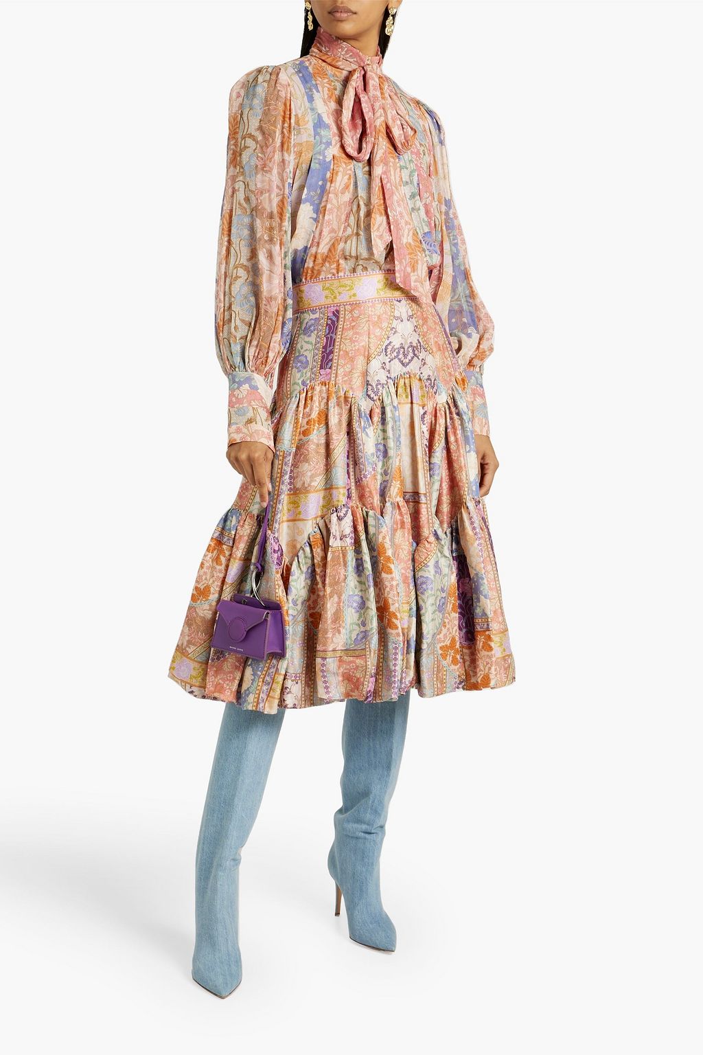 ZIMMERMANN Pussy-bow pleated floral-print chiffon blouse