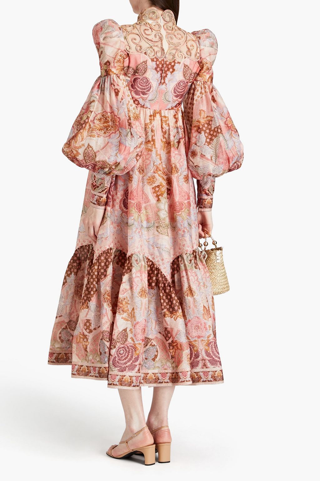 ZIMMERMANN Tulle-paneled floral-print linen and silk-blend midi dress